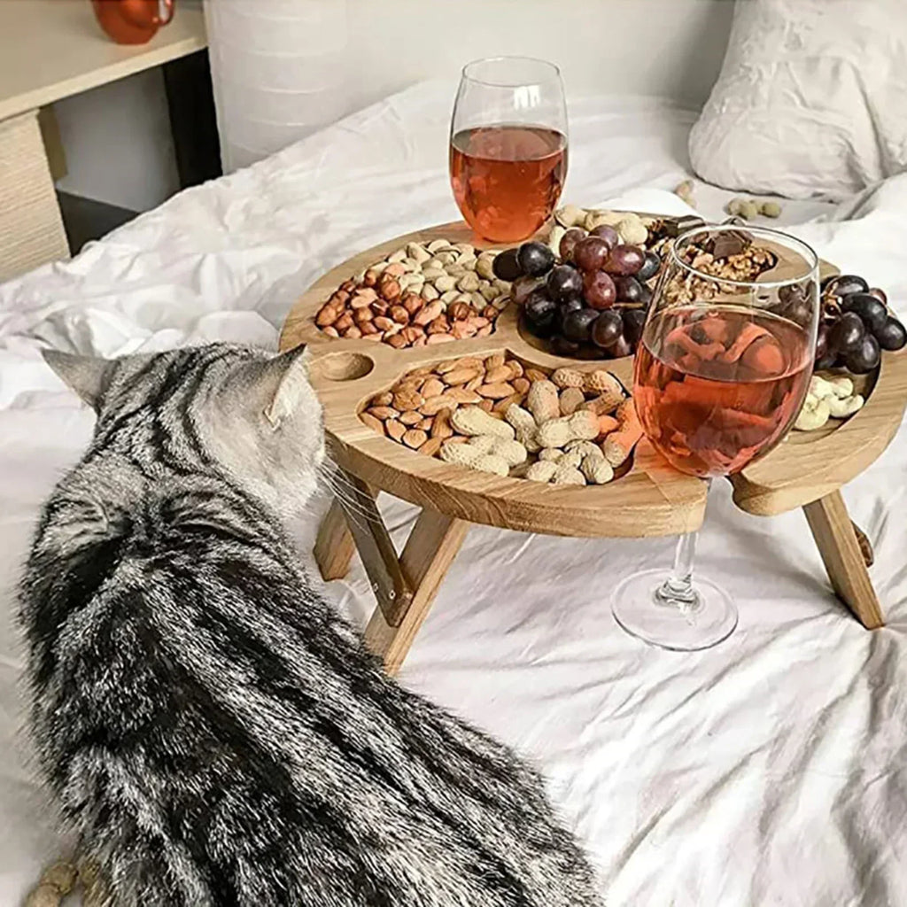 Hoogwaardige opvouwbare houten picknicktafel met draagbare stoel – informele snacktafel en wijnrek