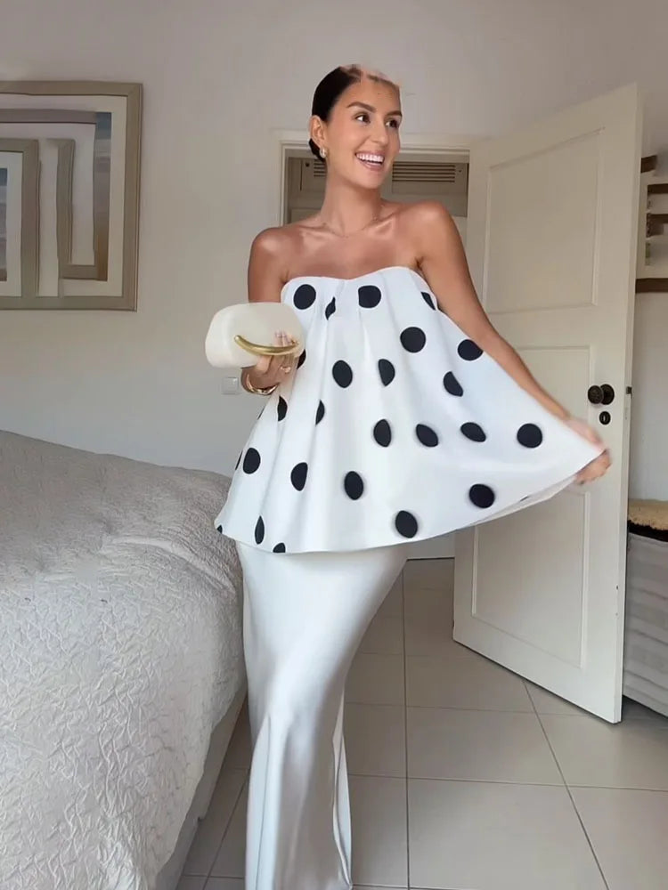 Dames Zomer Mouwloze Rugloze Polka Dot Tweedelige Set – Strapless Top & High-Waist Uitlopende Broek