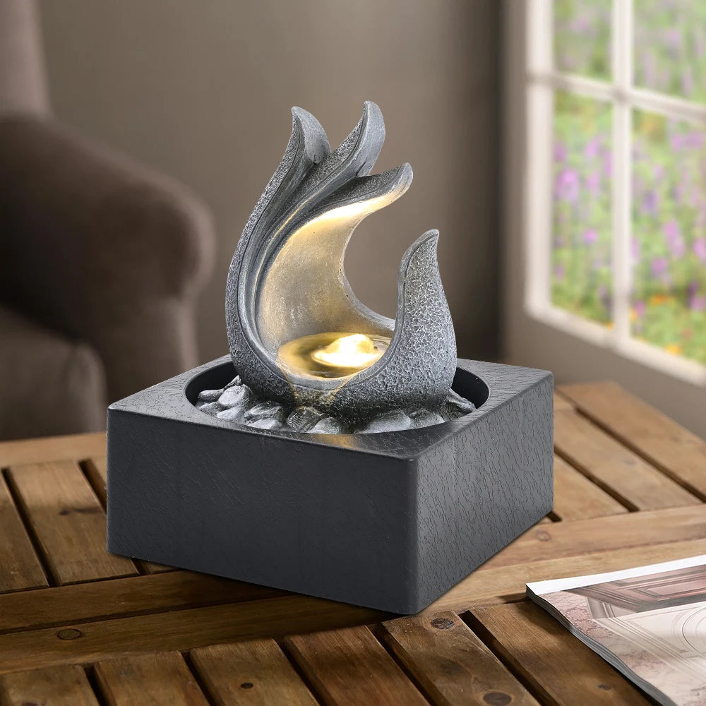 Tabletop Resin Water Fountain with LED Light – Indoor Zen Desk Decor Feature