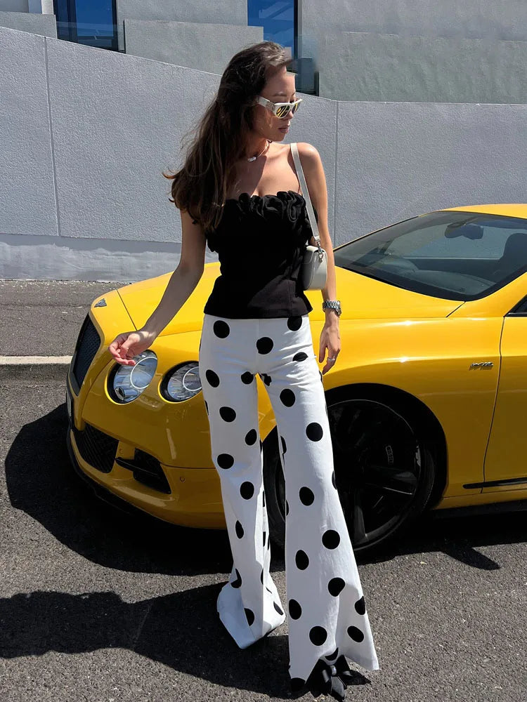 Ensemble deux pièces sans manches et sans dos à pois pour femme – Haut bustier et pantalon évasé taille haute