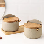 Japanese Style Ceramic Spice Jar with Bamboo Lid & Spoon – Kitchen Storage Box