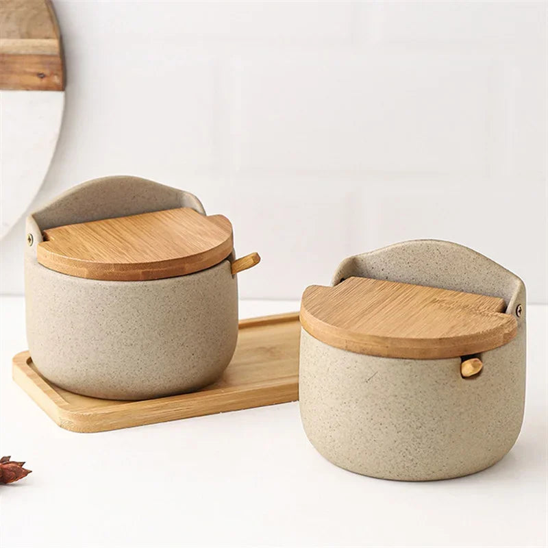Japanese Style Ceramic Spice Jar with Bamboo Lid & Spoon – Kitchen Storage Box