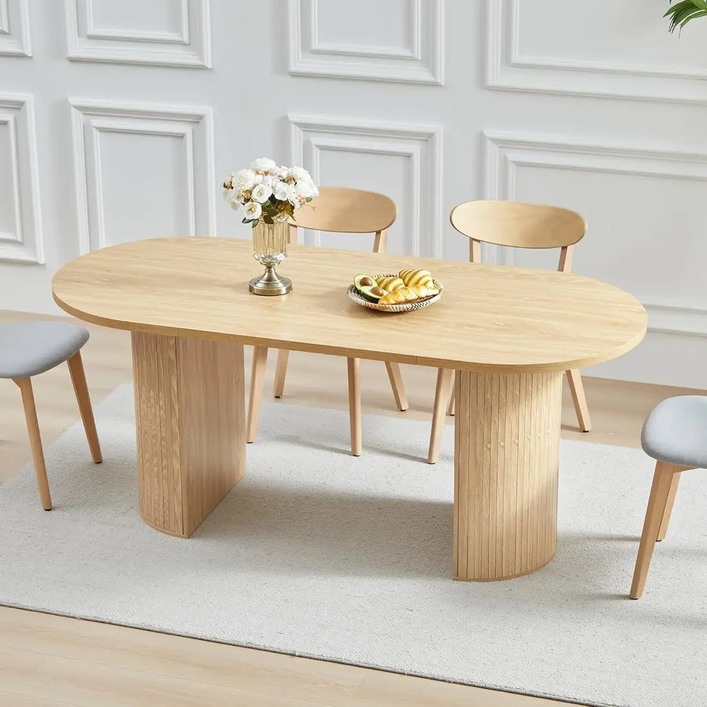 Table de cuisine ronde extensible avec piétement cannelé, style ferme moderne, table de salle à manger extensible de 104 cm à 198 cm pour 4 à 8 personnes