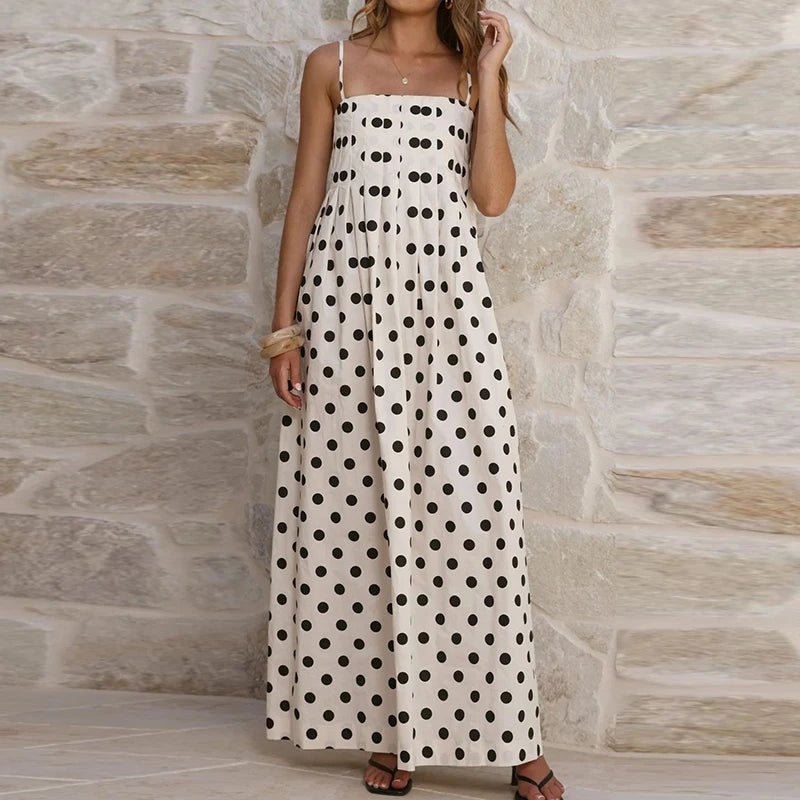 Robe longue d'été sexy à pois, épaules dénudées, dos nu et taille haute pour femme