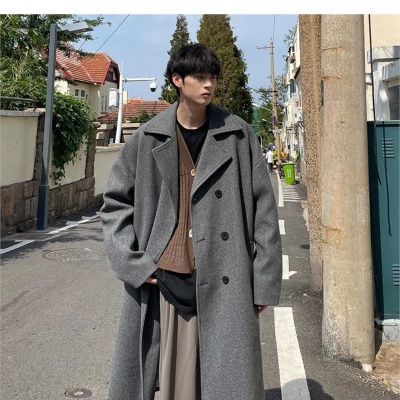 Men’s Long Dust Coat – Korean Style Wool Blend Trench