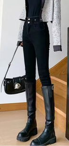 Winter Women’s Chic Fleece-Lined Straight Jeans – Warm High Waist Denim Pants