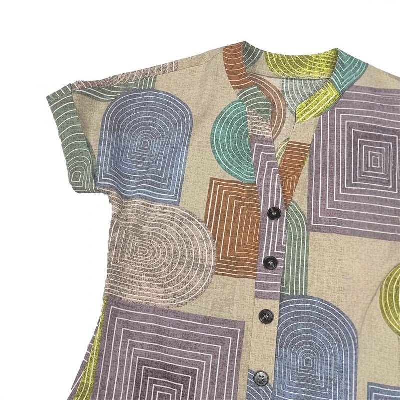 Dames geometrische printjurk – Elegante V-hals met knoopsluiting (zomer)