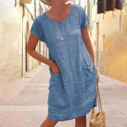 Plus Size 3XL Women Dress Casual Solid Color Short Sleeve Round Neck Pockets Loose Cotton Linen Dress Female Summer Robe