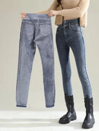 Winter Women’s Chic Fleece-Lined Straight Jeans – Warm High Waist Denim Pants