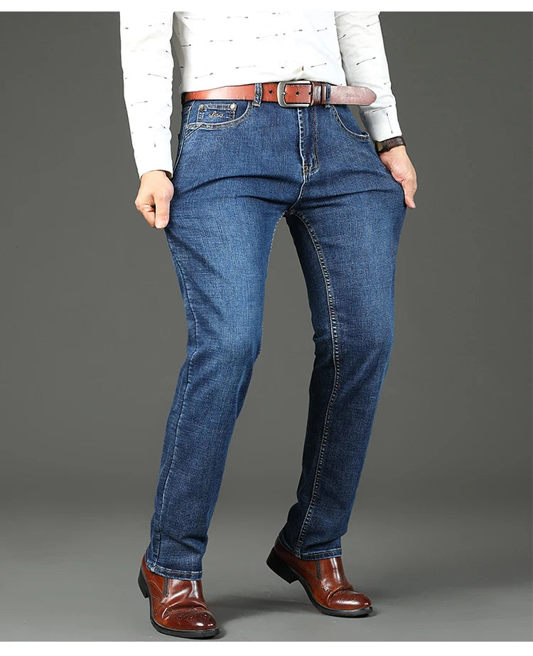 Top Brand Men’s Washed Jeans – High Waist Business Casual Denim Pants