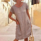 Plus Size 3XL Women Dress Casual Solid Color Short Sleeve Round Neck Pockets Loose Cotton Linen Dress Female Summer Robe