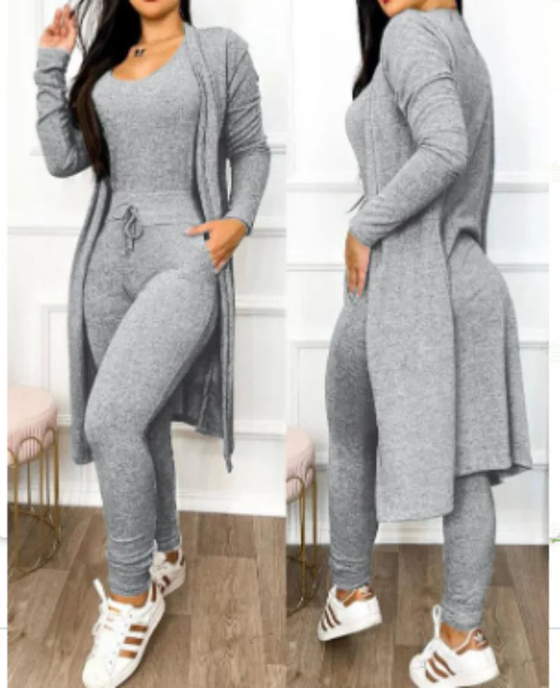 Drawstring Pocket Design Jumpsuit & Coat Set – Women’s Autumn Slim Fit Outfit