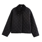 KASLEAD Women’s High Collar Diamond Pattern Jacket – Street Style Short Coat