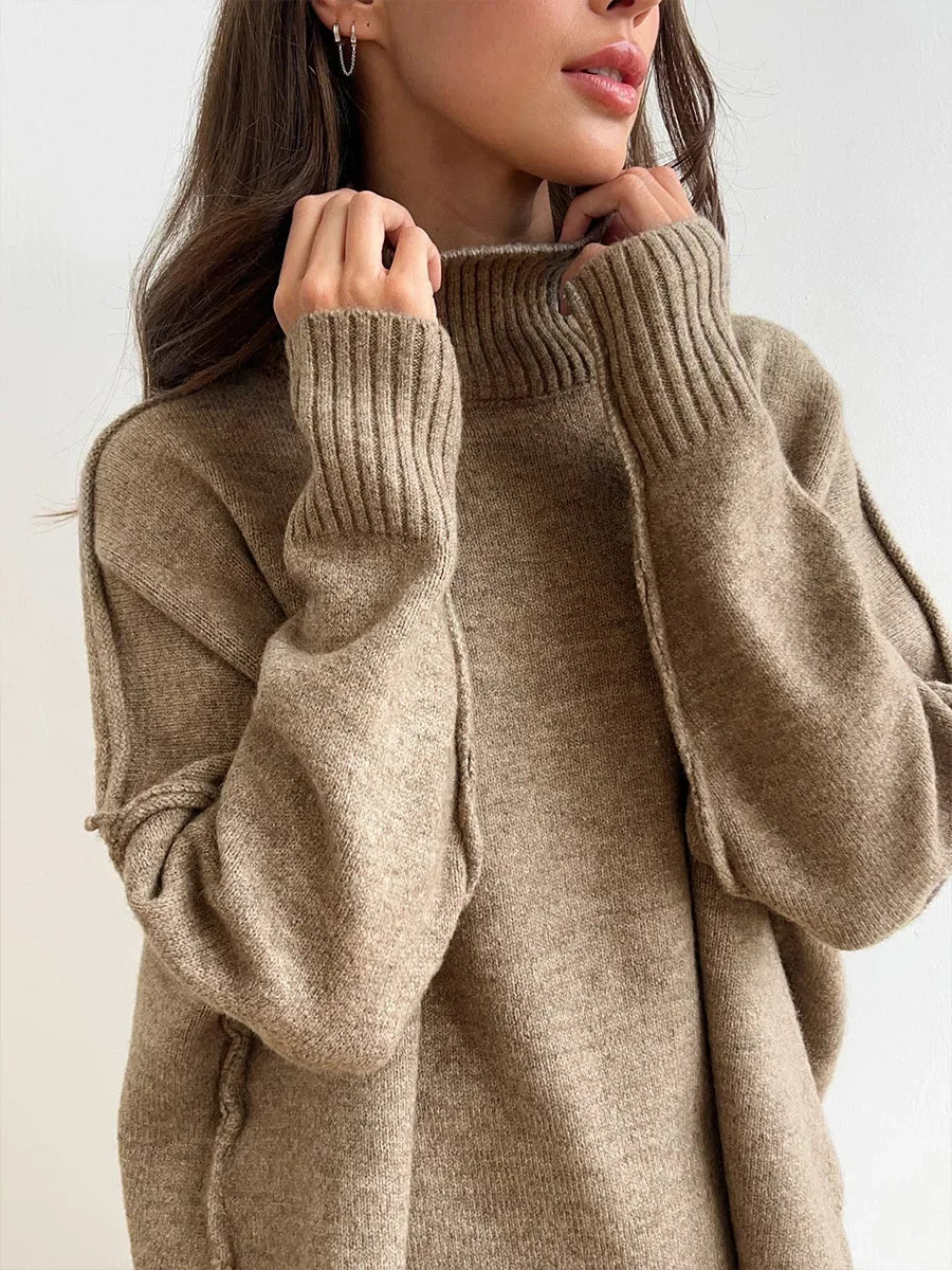 Women’s Turtleneck Knitted Sweater Set – Loose Casual Two-Piece Winter Outfit
