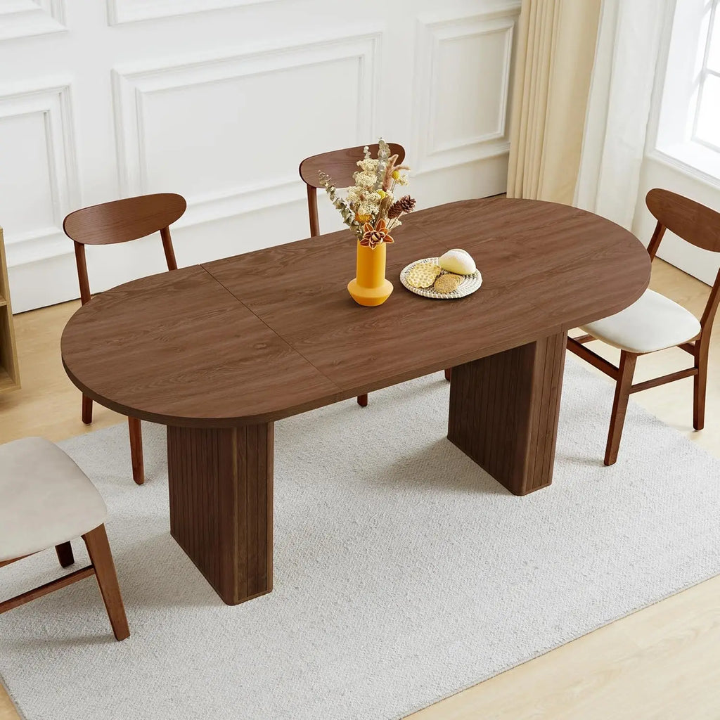 Table de cuisine ronde extensible avec piétement cannelé, style ferme moderne, table de salle à manger extensible de 104 cm à 198 cm pour 4 à 8 personnes