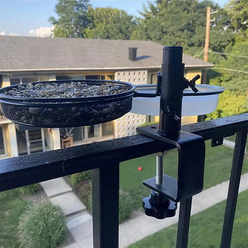2-in-1 Deck Mounted Bird Feeder with Mesh Tray & Flower Pot Stand – 360° Rotating Feeding Station for Balcony, Deck & Garden Railings