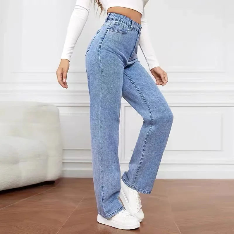 2000s Women’s High Waist Wide Leg Straight Jeans – Y2K Loose Fit Denim Trousers