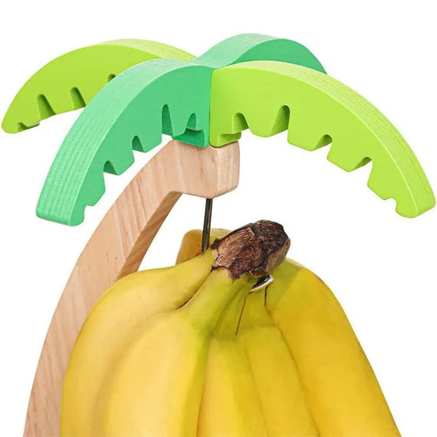 Wooden Banana Rack with Hook – Decorative Leaf Design Vertical Fruit Storage