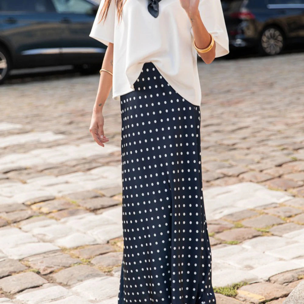 Jupe longue vintage à pois pour femme – Style satin fluide trapèze