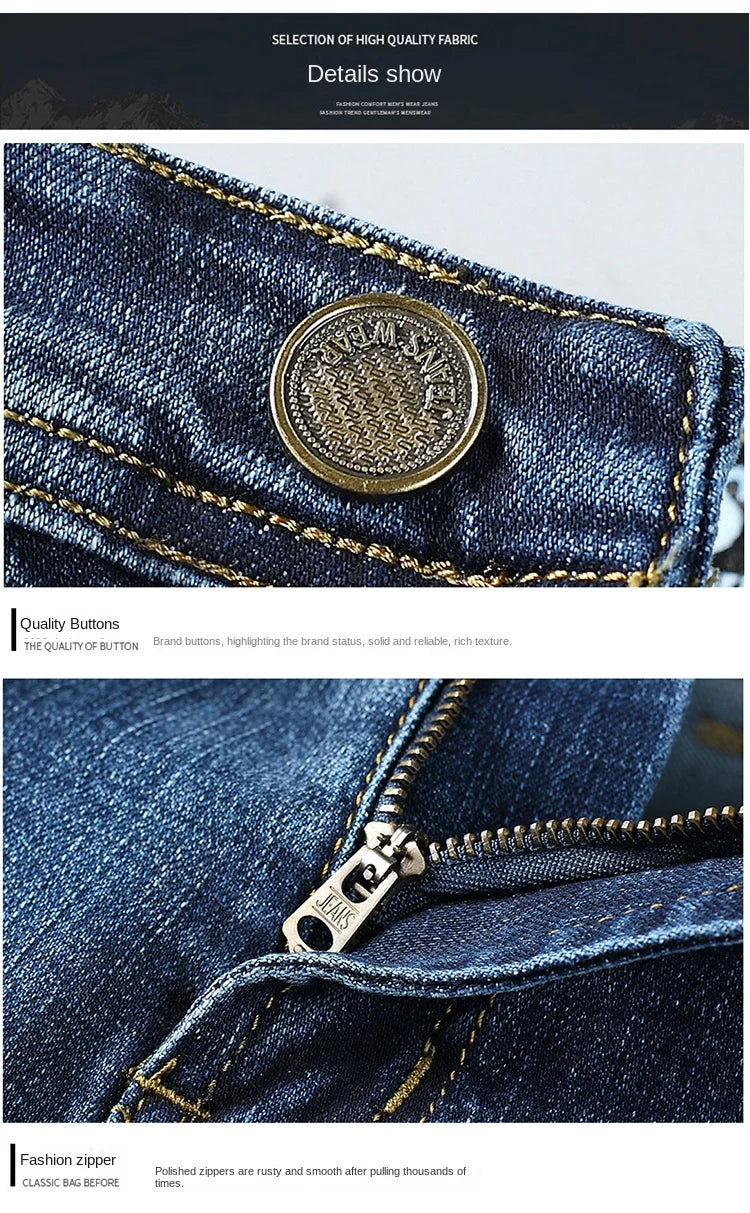 Top Brand Men’s Washed Jeans – High Waist Business Casual Denim Pants