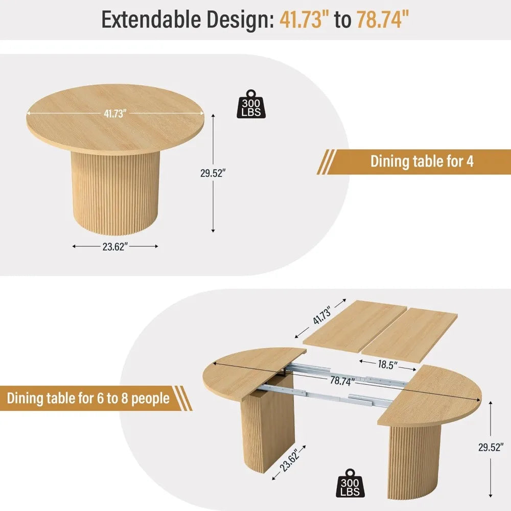 Ronde Uitschuifbare Keukentafel met Gegroefde Poot, Moderne Boerderijstijl, 104-198 cm Uitschuifbare Eettafel voor 4-8 Personen