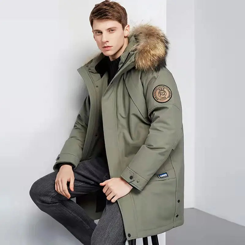 Winter Boutique Fashion Thickening Warm Men's Casual Hooded Fur Collar Down Jacket
