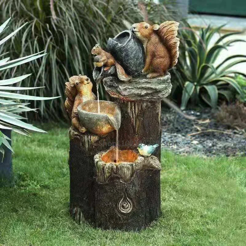 E2 Duck Solar Power Squirrel Resin Patio Fountain Garden Design With Led Light Garden Decoration Outdoor Simulation Decoration