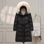 90% White Duck Down Long Coat – Women’s Korean Fashion Belted Parka with Real Fox Fur Hood