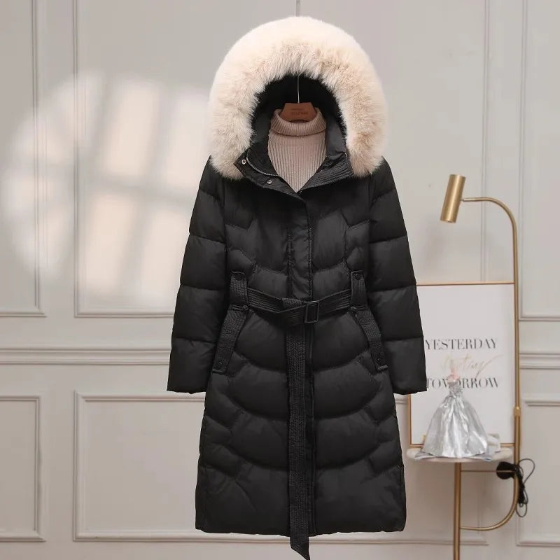 90% White Duck Down Long Coat – Women’s Korean Fashion Belted Parka with Real Fox Fur Hood