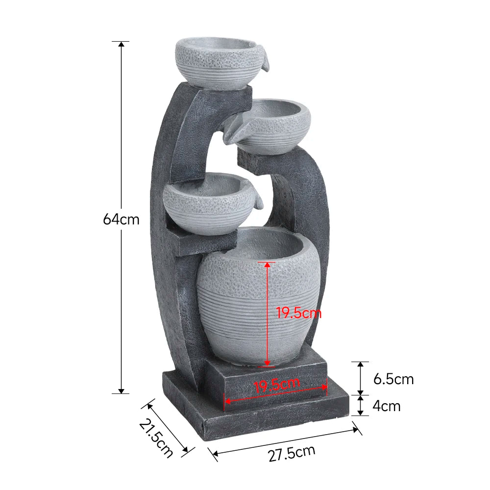 Rustic Outdoor Floor Water Fountain with LED Lights – Cascading Bowls for Patio