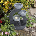 Rustic Outdoor Floor Water Fountain with LED Lights – Cascading Bowls for Patio