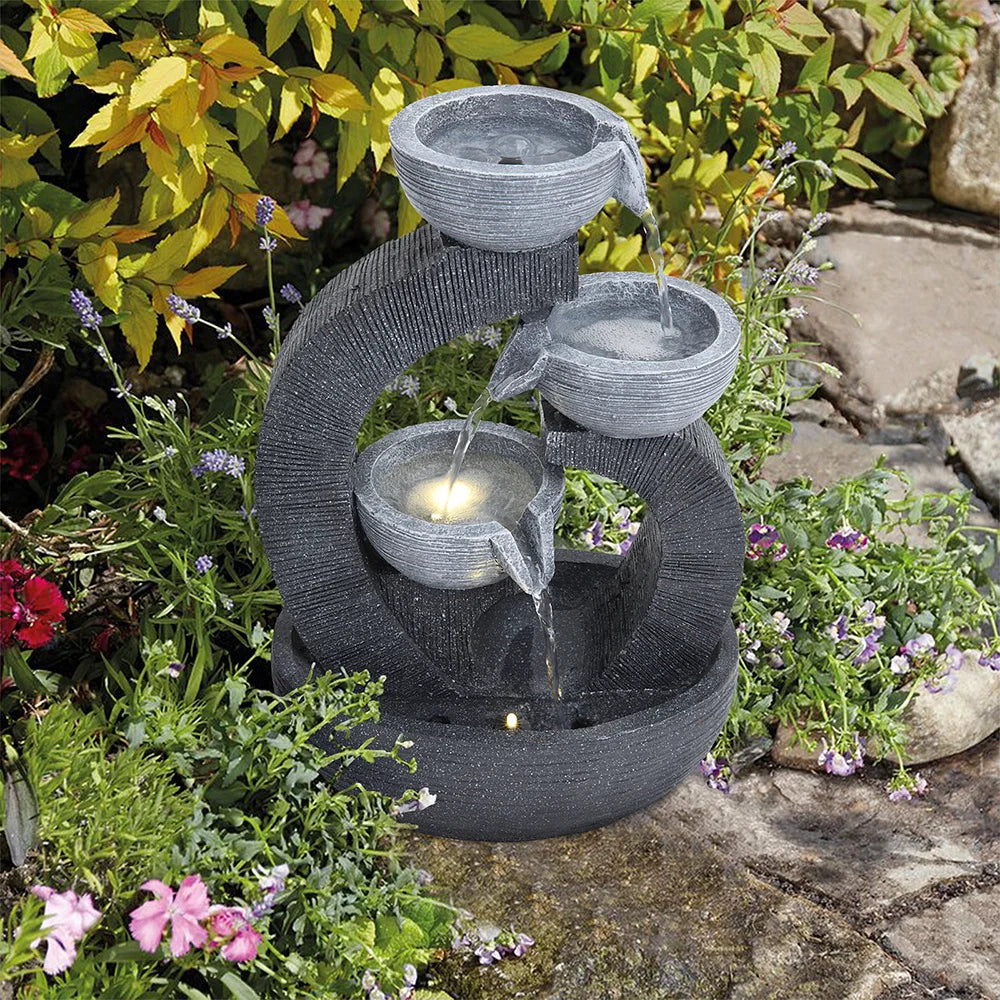 Rustic Outdoor Floor Water Fountain with LED Lights – Cascading Bowls for Patio