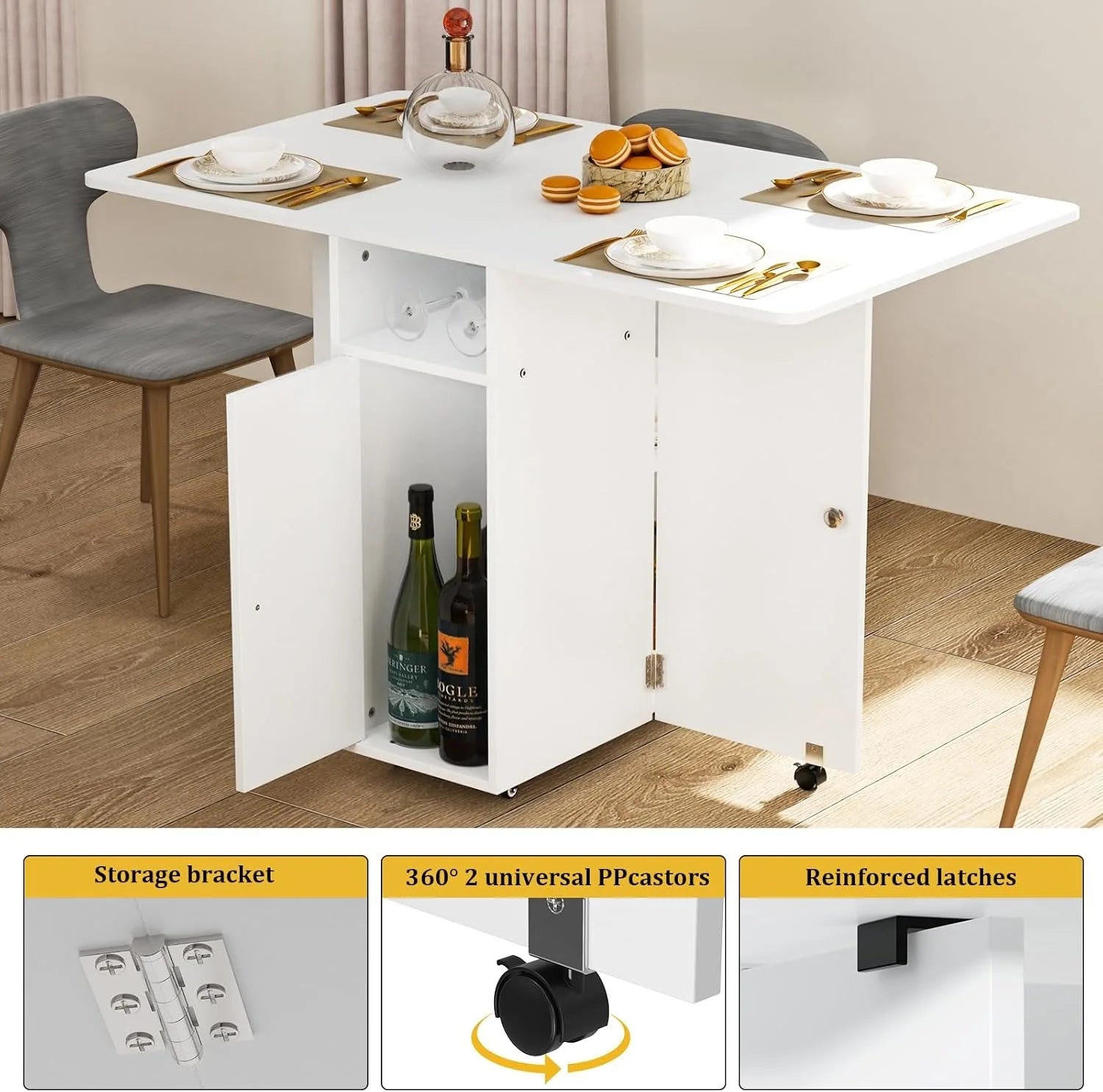 Houten Multifunctionele Opklapbare Eettafel Uitschuifbare en Verplaatsbare Tafel met Wielen en Opbergplanken