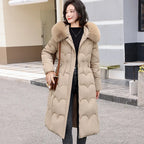 Elegant Winter Fur Hooded Down Jacket for Women – Thick Long Cotton Padded Parka
