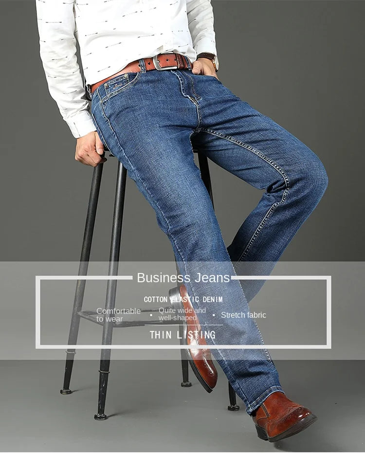 Top Brand Men’s Washed Jeans – High Waist Business Casual Denim Pants