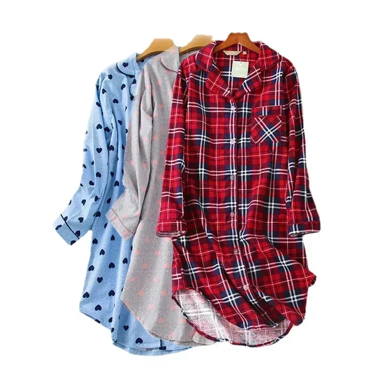 Chemise de nuit à carreaux en flanelle de coton pour femme