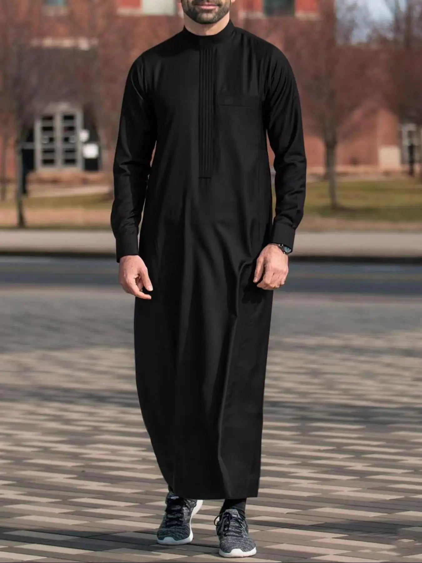 Men’s Loose Traditional Ethnic Style Long Robe – Black Round Neck Jubba Thobe for Banquet & Prayer