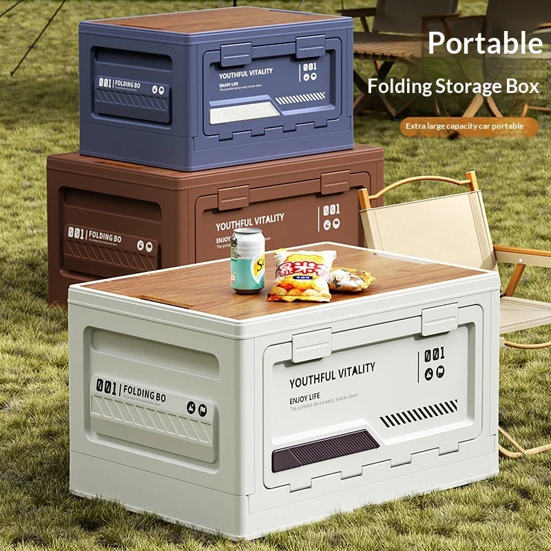 Boîte de rangement pour coffre de voiture – Organisateur de camping pliable avec couvercle en bois