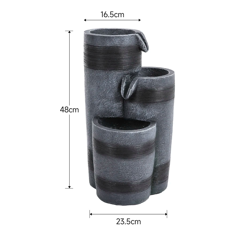 Rustic Outdoor Floor Water Fountain with LED Lights – Cascading Bowls for Patio