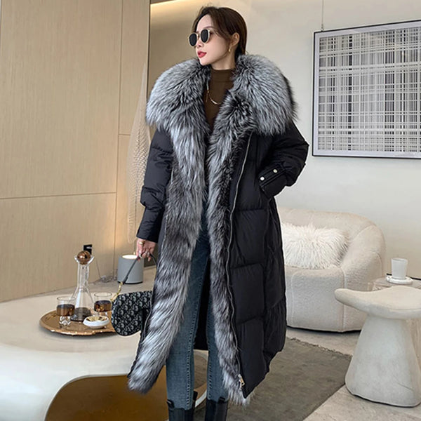 Furyoume Women’s Luxury Goose Down Coat with Real Fox Fur Collar – Long Winter Jacket