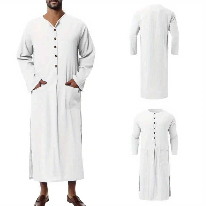 Middle Eastern Ethnic Men’s Robe Dubai Style Loose Stand Collar Long Sleeve Thobe – Traditional Islamic Casual Wear
