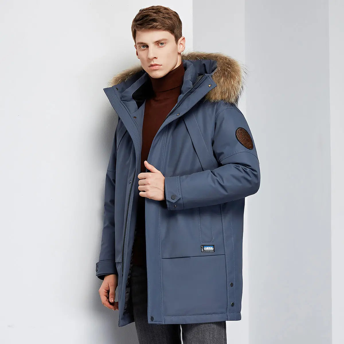Winter Boutique Fashion Thickening Warm Men's Casual Hooded Fur Collar Down Jacket