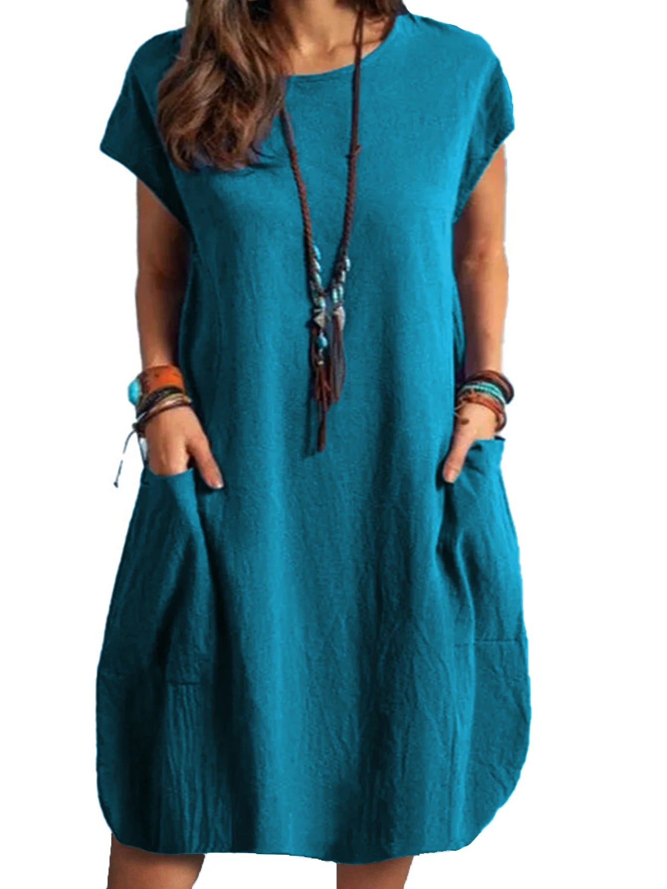 Robe décontractée unie Europe & Amérique – Col rond coupe ample (printemps/été)