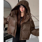 Miu Winter Ancora Red PU Down Cotton Short Hooded Leather Puffer Jacket