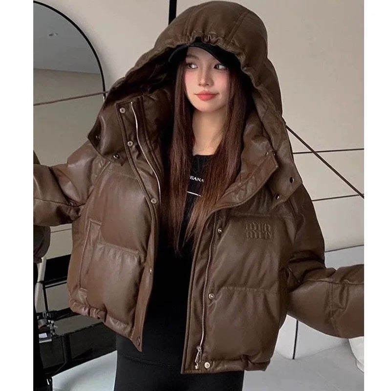 Miu Winter Ancora Red PU Down Cotton Short Hooded Leather Puffer Jacket