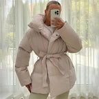 Winter Thick Stand Collar Puffer Jacket for Women – Tie Waist Short Parka Coat