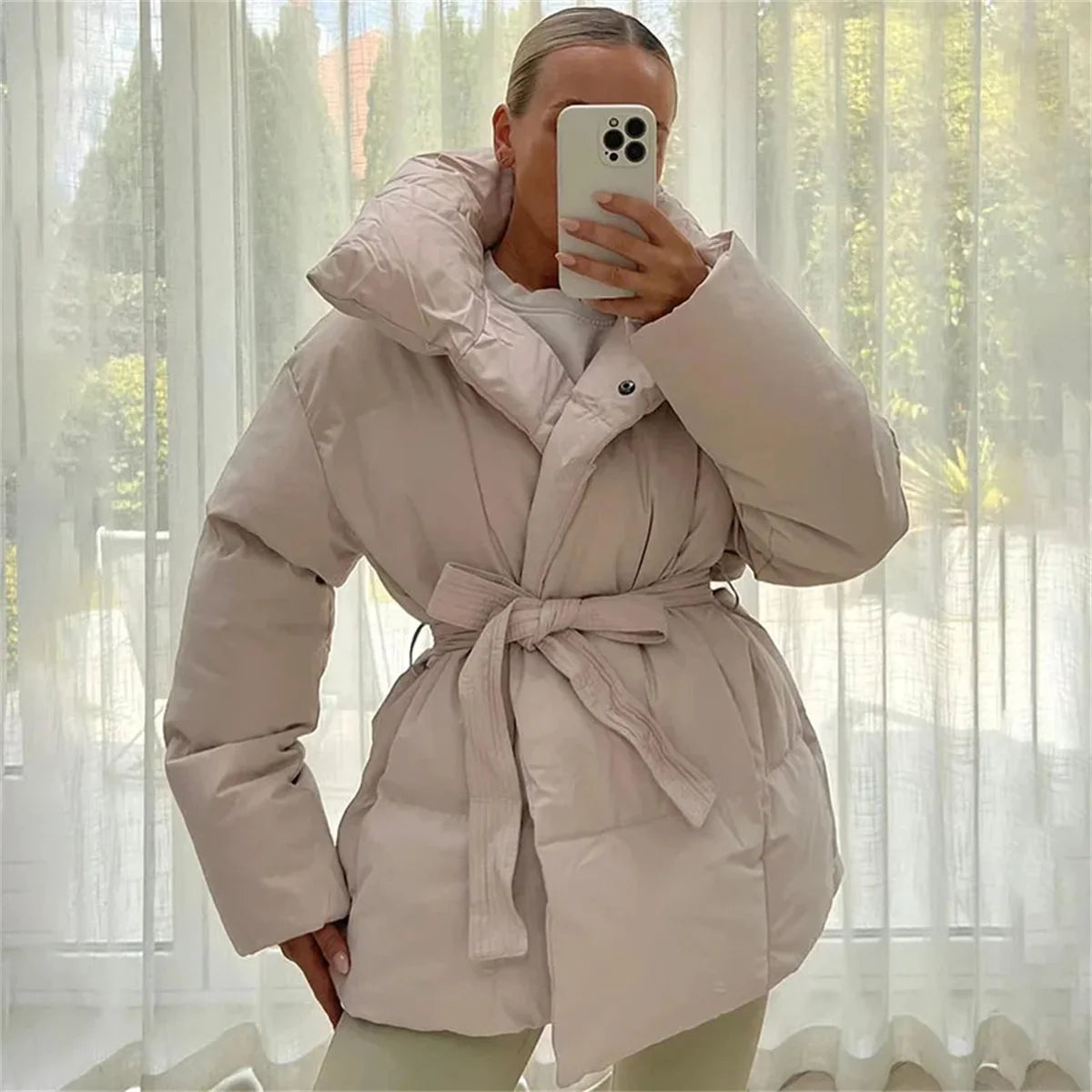 Winter Thick Stand Collar Puffer Jacket for Women – Tie Waist Short Parka Coat