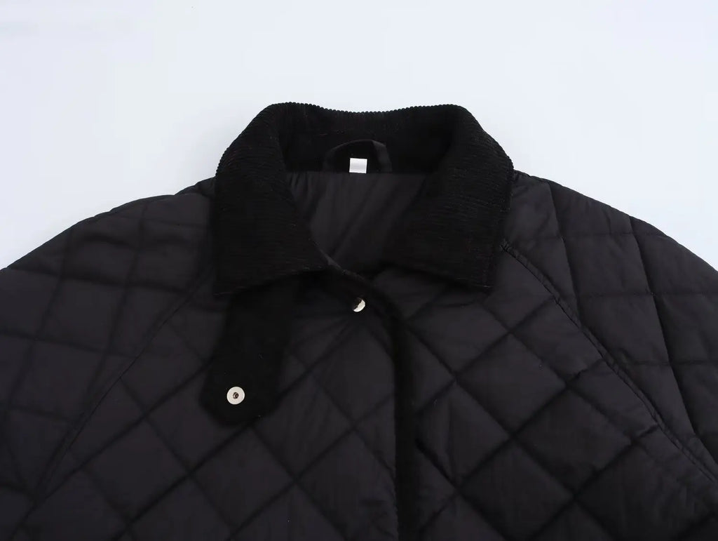KASLEAD Women’s High Collar Diamond Pattern Jacket – Street Style Short Coat