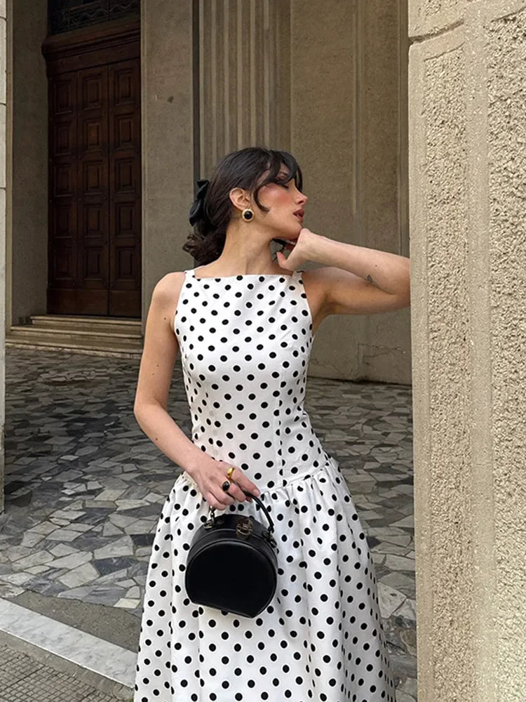 Elegante Maxi Jurk met Polka Dots voor Dames – Mouwloze High-Waist A-lijn Feestjurk