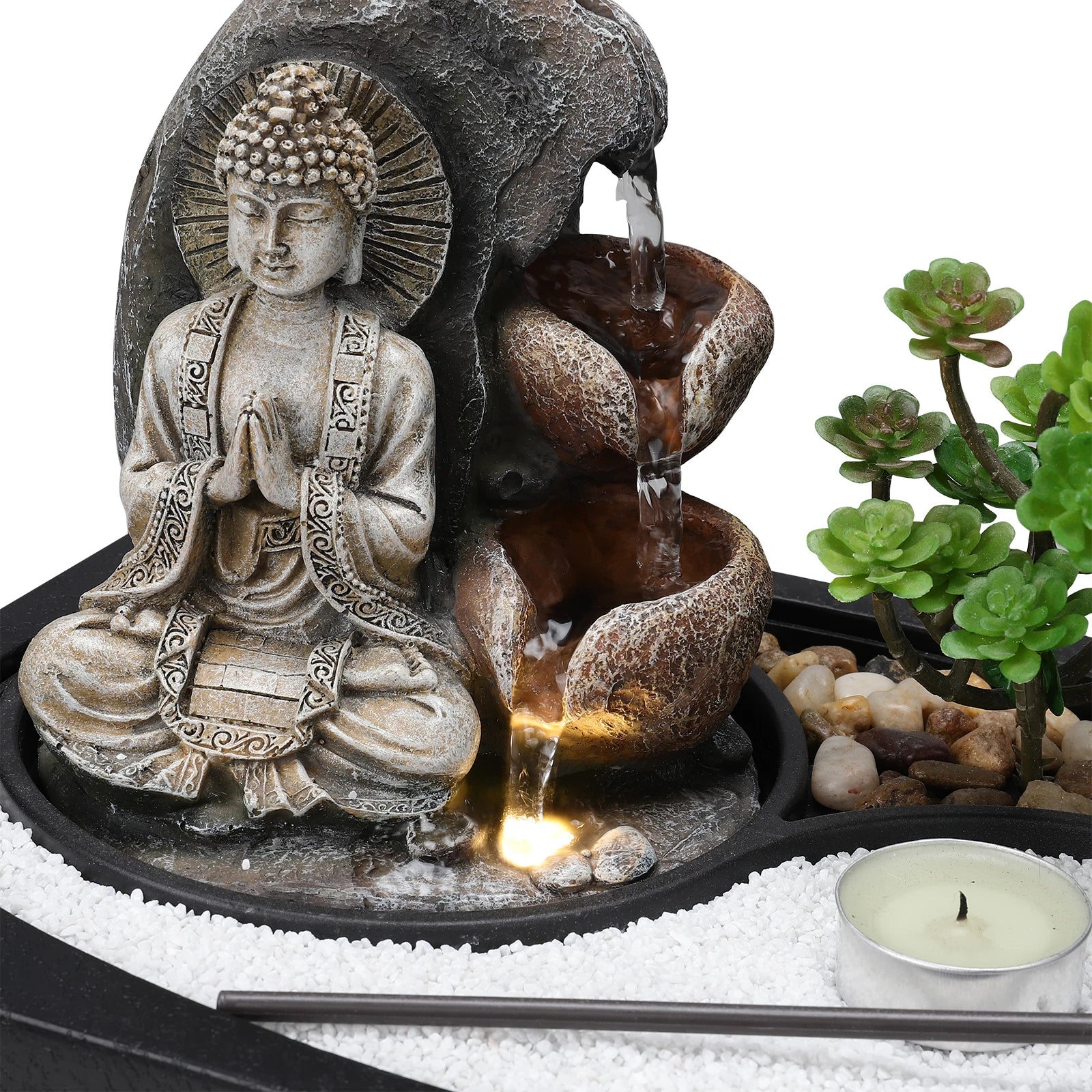 Tabletop Resin Water Fountain with LED Light – Indoor Zen Desk Decor Feature